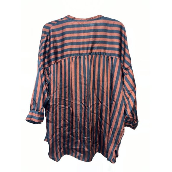 Zara Basic Black & Rust Striped Button-Up Blouse, Size L - Picture 2 of 7